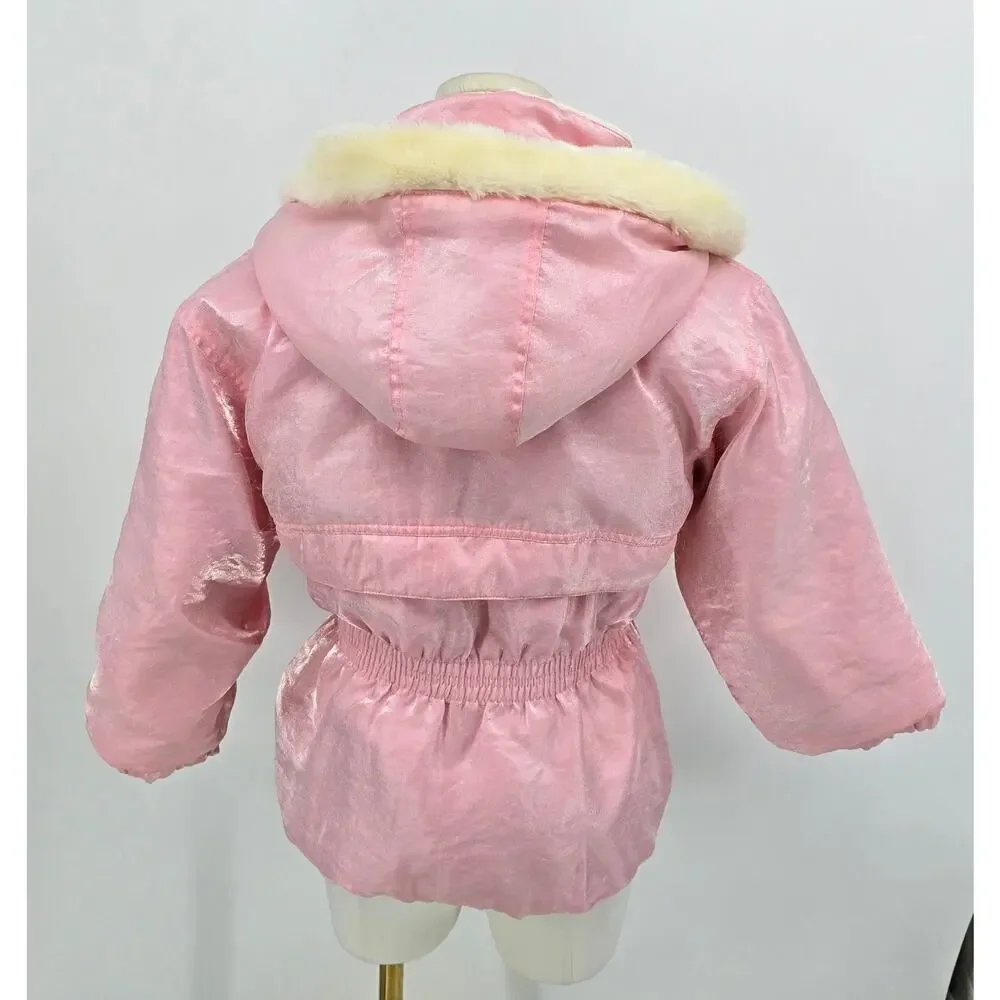 Vintage Y2K Copper Key Retro Cabincore Pink Shimmer Jacket with Faux‎ Fur Hood